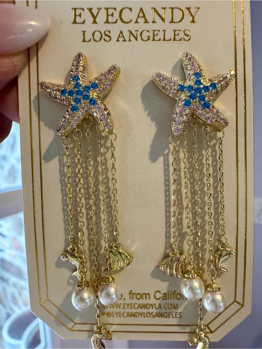 Eye Candy- Gold Starfish Drop Earrings with Blue and Pink Crystals